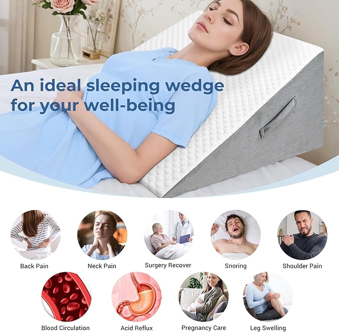COOLBEBE Bed Wedge Pillow for Sleeping,12Inch Elevated Wedge Pillow for Sleep Apnea, Foam Wedge Triangle Pillow for Acid Reflux, Gerd and Snoring - Breathable Air Layer Washable Cover