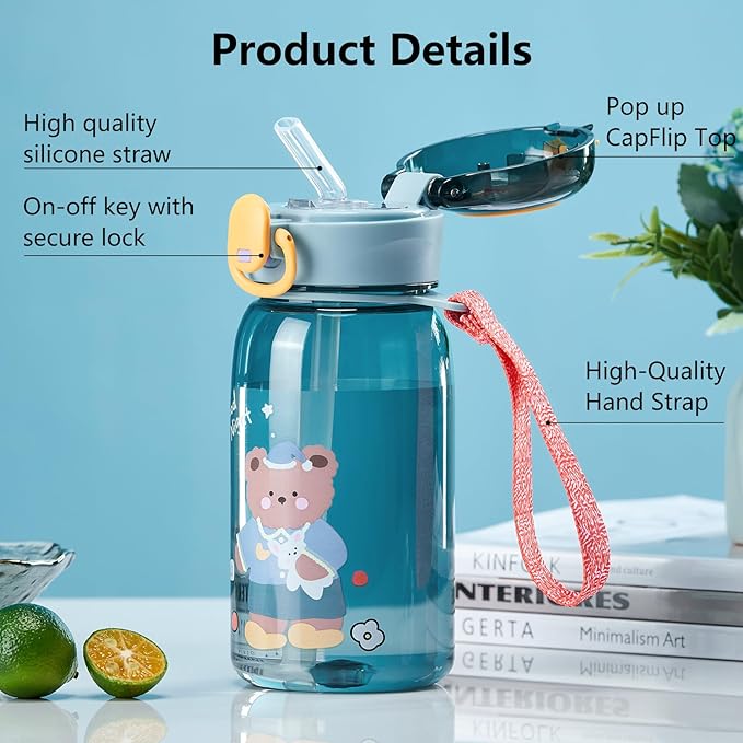Kid Water Bottle, Cute Water Bottle, Kawaii Water Bottle with Straw and Strap, Clear Bear Water Bottles for Travel, Outdoor, 14oz
