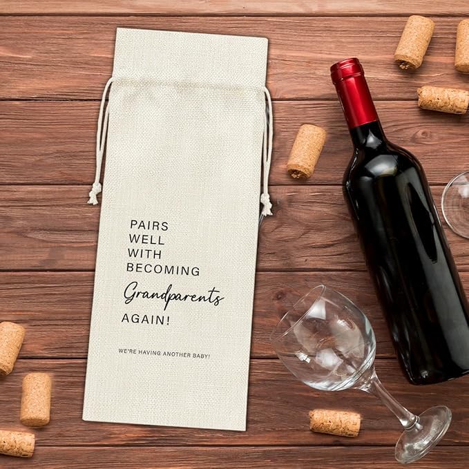 Pregnancy Announcement Wine Bag, Second Baby Announcements Gifts for Grandma Grandpa, Baby Reveal Gift, Pregnant Again, Becoming Grandparents Again Wine Gift Bag