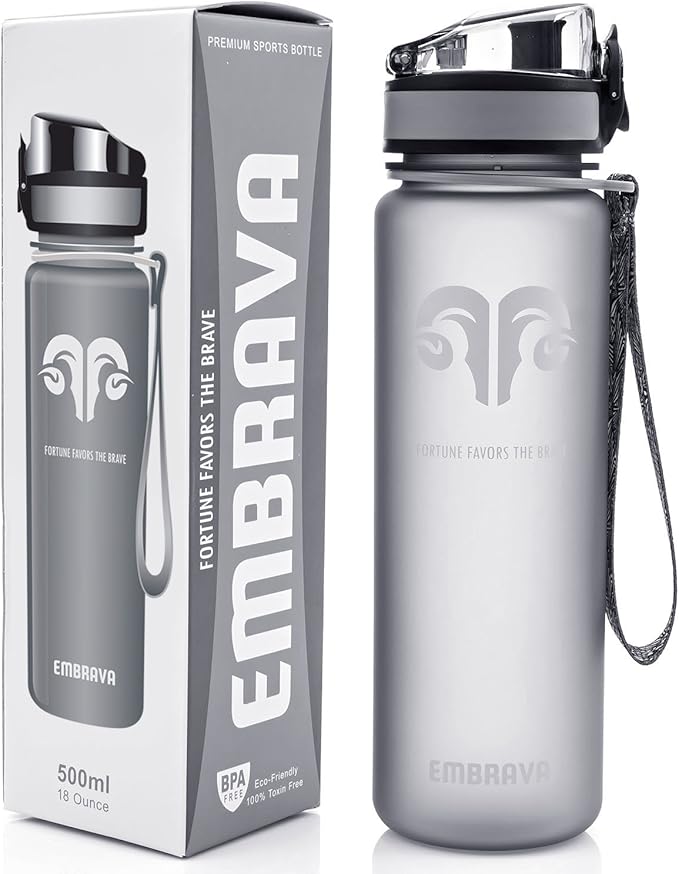 Embrava Best Sports Water Bottle - 17oz Small - Eco Friendly & BPA-Free Plastic - For Running, Gym, Yoga, Outdoors and Hiking - Fast Water Flow, Flip Top, Opens With 1-Click - Leak-proof Lid