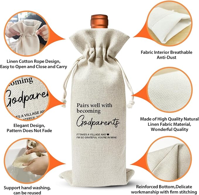 EUFJDKSL Godparents Wine Gift Bag For Proposal Godfather Godmother Baptism Auntie Uncle, Burlap Wine Bottle Cover Gift Bag For Mother’S Day, Thanksgiving Gifts