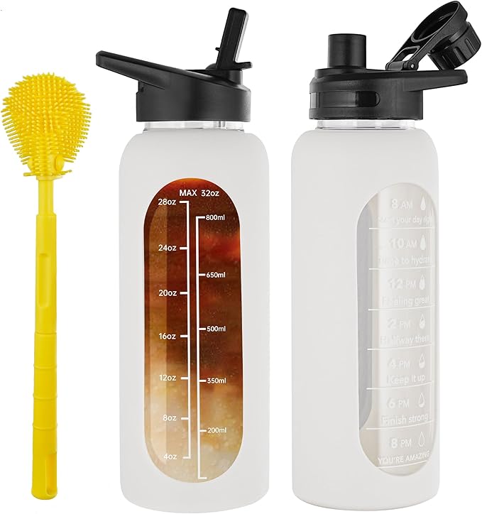 SIEROZUR 32 oz Glass Water Bottle with Straw and Handle Large Sports Motivational Water Bottle with Time Marker and 2 Lids, Leakproof Reusable Water Jug with Silicone Sleeve for Gym