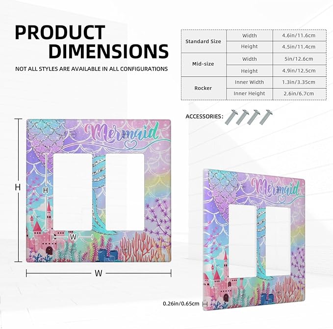 Silvery Glitter Cute Mermaid Tail Fantasy Castle 2 Gang Rocker Decora Light Switch Covers Dual Outlet Covers Wall Plate Decorative Switchplate Electrical Faceplate GFCI for Kidroom Nursery Bedroom