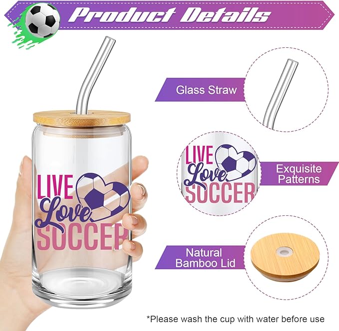 SilTriangle 4 Pcs Girls Soccer Gifts Soccer Glass Cup 16oz Soccer Water Bottles Inspirational Soccer Theme Makeup Bag Soccer Bracelet Elastic Soccer Scrunchies for Girls Back to School Soccer Lovers