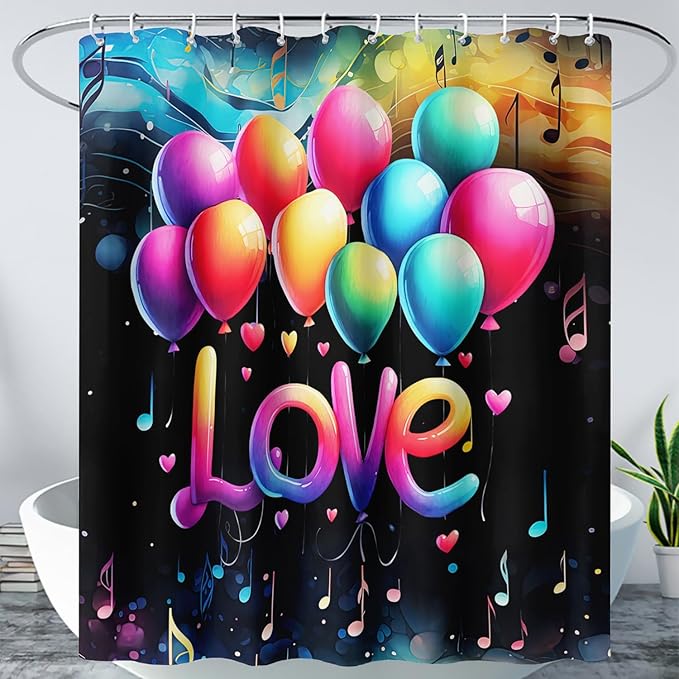 AILONEN Love Theme Shower Curtain for Bathroom, Romantic Rainbow Balloon Tie Dye Bath Curtain for Kids Girls Women,Abstract Music Black Shower Curtain Waterproof with 12 Plastic Hooks, 36" W*72" H