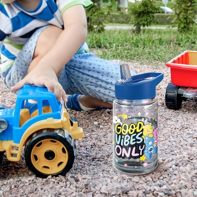 LOGOVISION Care Bears Kids Tritan Plastic Water Bottle with Straw Lid and Handle, Reusable Tumbler for Toddlers, Unisex for Girls and Boys, 12oz, Good Vibes Only