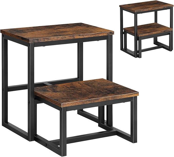 LIANTRAL Step Stools for Adults Kids, 3 in1 Heavy Duty Sturdy Two Step Stool, Supports Up to 500lb, Wooden Board Metal Frame, Foot Stool for High Bed Kitchen Bathroom - Rustic Brown