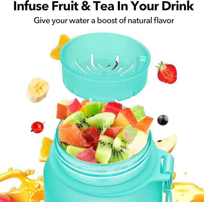 Motivational Water Bottle 1000ml with Time Marker Leak Proof BPA Free with Fruit Filter, Perfect for Fitness, Gym and Outdoor Sports