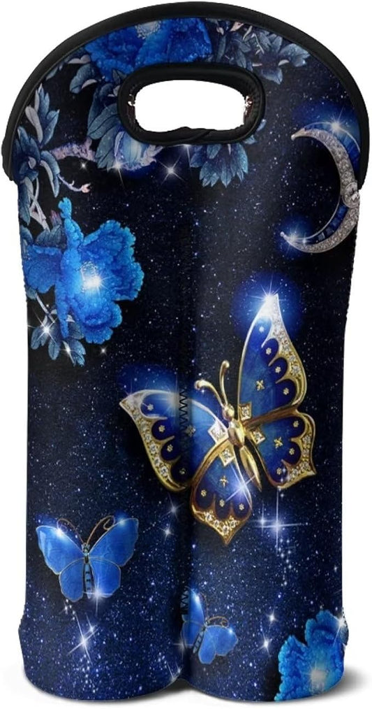 doginthehole Blue Butterfly Wine Bag with Handle Neoprene Tote Wine Champagne Beer Bags Reusable Washable Wine Carrier Portable 2 Bottle Wine Carrying Bag, Gift for Wine Lover