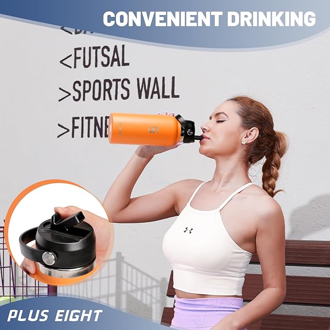Sports Water Bottle, 32 oz Insulated Water Bottle With Straw, Stainless Steel Water Bottle Wide Mouth for Sports, Gym or Office, BPA-Free Keep Cold 24H Hot 12H (Orange)