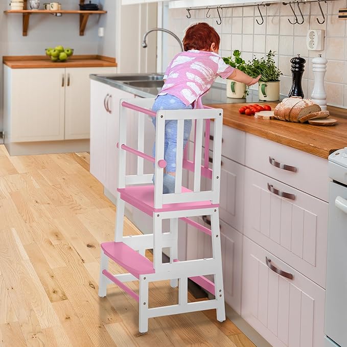 COSYLAND Kids Kitchen Step Stool, Toddler Standing Tower with CPC & FSC Certification, Removable Anti-Drop Railing Safety Rail Enjoys Unique Patented Design A Anti-tip Stable Structure Pink & White