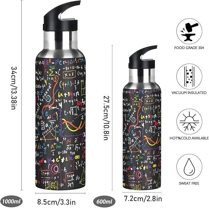 ALAZA Mathematics Education Geometrical Plots Formulas Water Bottle With Straw Lids Boys Girls,Vacuum Insulated Leakproof Stainless-Steel Sports Bottle Thermal Flask For Gym Yoga Camping,34Oz (1000Ml)