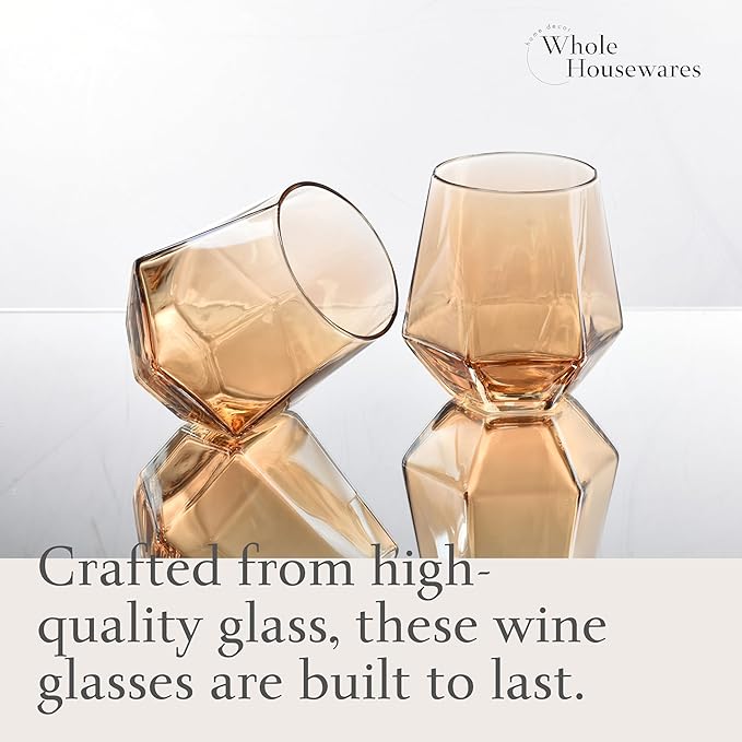 WHOLE HOUSEWARES Gold Diamond Inspired Wine Glasses Set of 5 - Red and White Wine Glasses - Large Bulbous Crystal Glass - Modern Diamond Wine Carafe with Cork Ball - Valentines Day Gifts