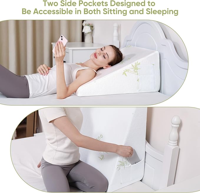 Bed Wedge Pillow with Memory Foam Top 12" Triangle Wedge Pillow for Sleeping Acid Reflux After Surgery Heartburn Snore Back Leg Knee Pain, Soft & Comfortable, Breathable & Durable Cover - Beige