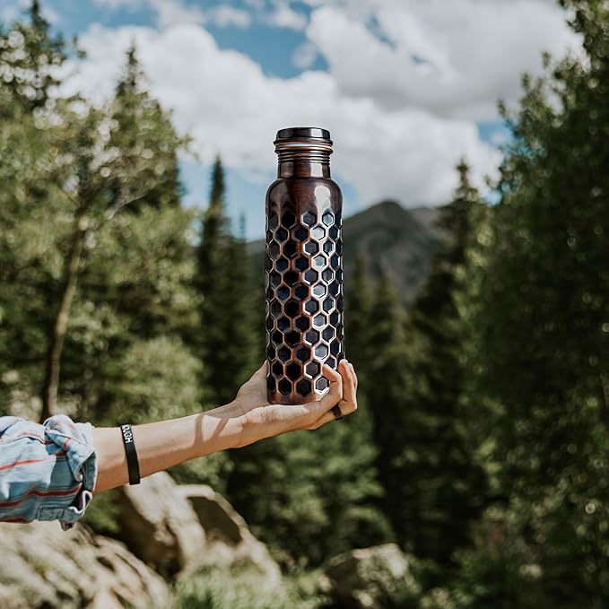 Copper Water Bottle With Beautiful Design - Leak Proof Ayurvedic Drinkware Copper Vessel for Sports, Gym, Outdoors, Yoga, (Design 20)