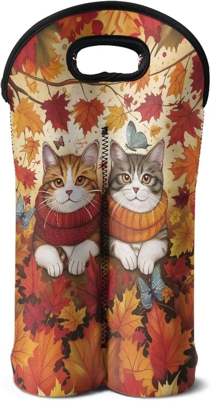 doginthehole Cute Cats Wine Bottle Holder 2 Bottle Wine Carrier Tote Bags Fall Maple Leaves Portable Champagne/Water Bottle/Beer Carriers Bag Case for Travel, Picnic, Party, Thanksgiving Day