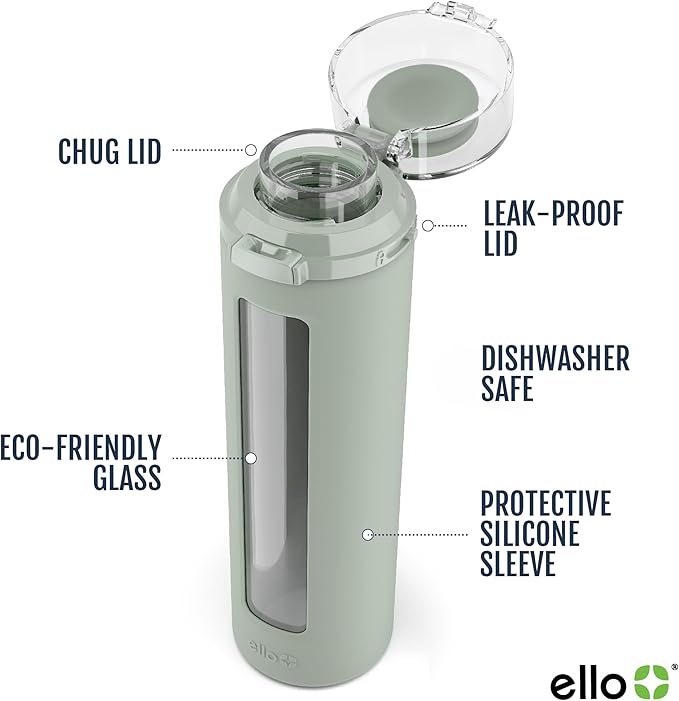 Ello Syndicate Glass Water Bottle with One-Touch Flip Lid and Protective Silicone Sleeve and Carry Loop, BPA Free, Dishwasher Safe,20oz