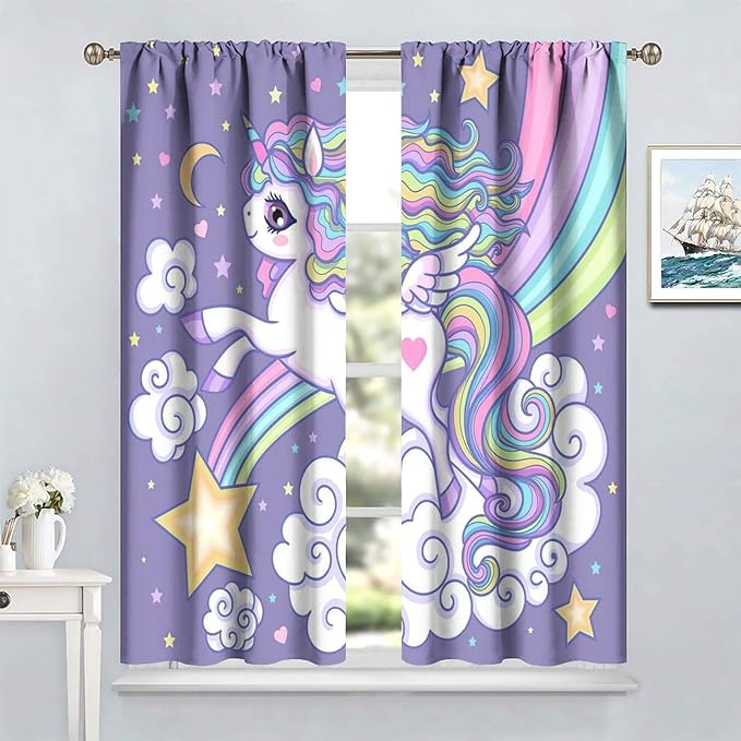 Kids Unicorn Curtains Purple Cartoon Rainbow Cartoon Room Blackout Curtains Boys Girls Baby Room Decor Curtains Living Room Decor 63x72 Inch 2 Panels