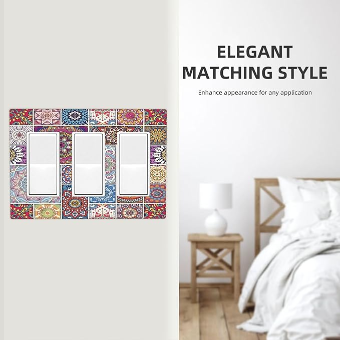 Morocco Talavera Mexican Tiles Printed Colroful Mandala 3 Gang Rocker Light Switch Covers Triple Outlet Wall Plate Decorative Switchplate Cover Faceplate GFCI for Kitchen Bathroom Bedroom Decor