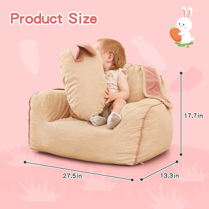 Rabbit Toddler Sofa, Toddler Bean Bag Chair with Carrot Pillow, Corduroy Kids Armchair, Comfortable Toddler Chair for Boys and Girls