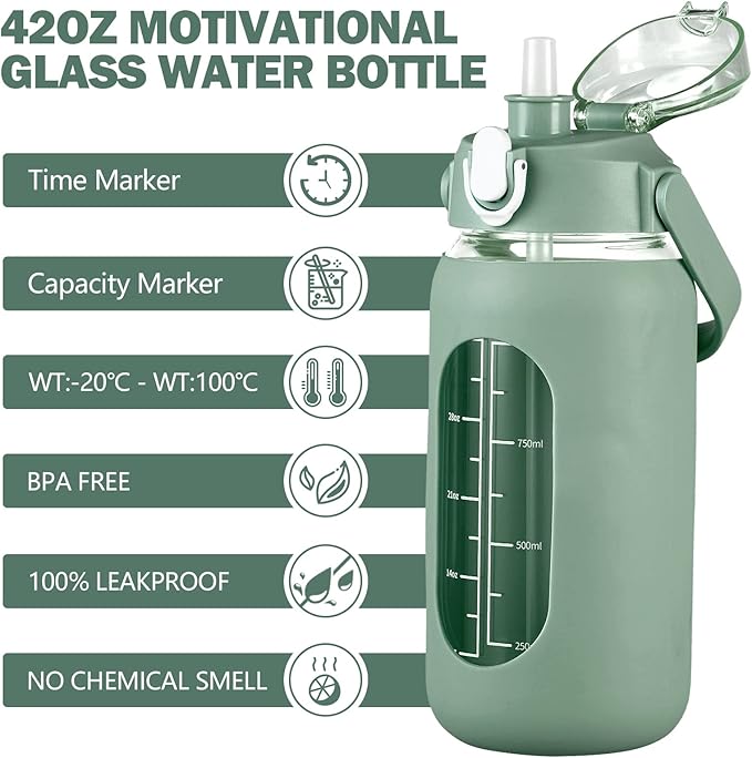 kytffu 42oz Glass Water Bottles with Straw, Motivational Glass Bottle with Silicone Sleeve and Time Marker, Leakproof Large Glass Water Jug for Gym Home Office,Olive