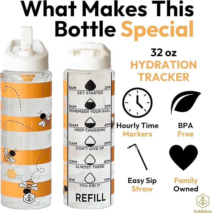Biddlebee 32oz. Hydration Tracker Water Bottles with Times To Drink | Big Motivational Water Bottle with Time Marker, Straw Lid, & Measurements | BPA-Free