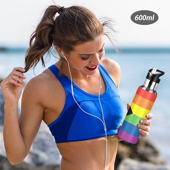 20oz Gay LGBT Progress Pride flag Sports Water Bottle,Double Wall Vacuum Insulated Stainless Steel Lesbian Water Bottle with Straw Keeps Hot＆ Cold, Bike Gym Travel Pride Day Month Gifts