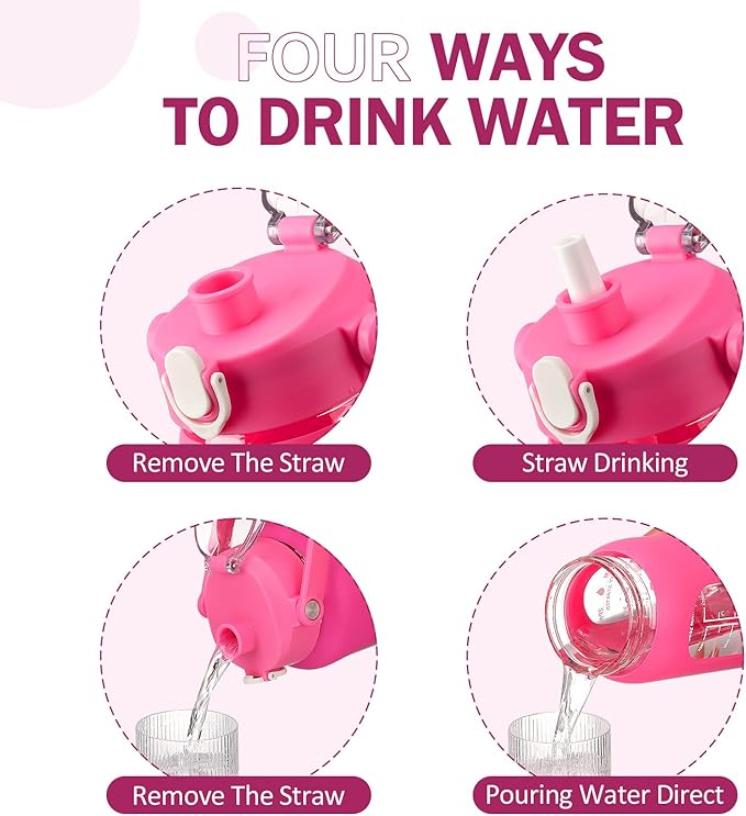 kytffu 56oz Glass Water Bottles with Straw, Motivational Glass Bottle with Silicone Sleeve and Time Marker, Leakproof Large Glass Water Jug for Gym Home Office,Rose red