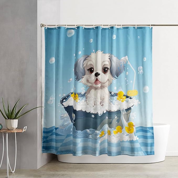 AILONEN Cartoon Bathtub Dog Shower Curtain for Kids 48" W*72" H Kawaii Shower Puppy and Duck Shower Curtain,Polyester Waterproof Fabric Decor for Bathroom Bathtub Panels