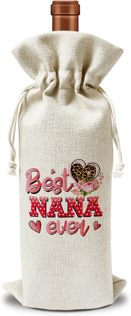 Best Nana Ever Wine Gift Bag, Grandma Gifts for Grandma from Grandchildren, Gift for Mimi Gigi Grandmother, 1pcs Reusable Burlap Wine Gift Bag for Wine Bottles, Mother's Day Holiday Party Favor -23