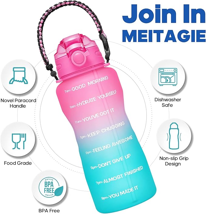 Water Bottles 1 / Half Gallon with Time Marker and Straw, Large Fitness Sports Motivational Bottle, Wide Mouth Leakproof and BPA Free for Travel, Gym,office,school