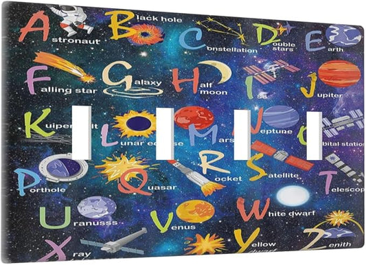 ABC Outer Space Quad Toggle Light Switch Cover Decorative Alphabet Galaxy Boys Educational 4 Gang Wall Plate Electrical Faceplate Switchplate for Kidroom Nursery Boyroom Living Room Decor