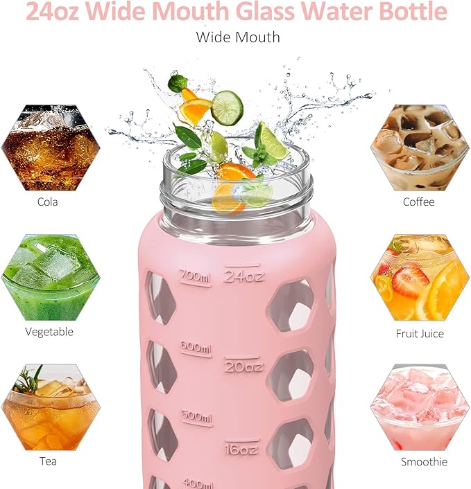 MUKOKO 24oz Glass Water Bottle with 2 Lids-Handle Flip Lid&Bamboo Straw Lid,Motivational Water Tumbler with Time Marker Reminder and Silicone Sleeve, Leakproof-Pink