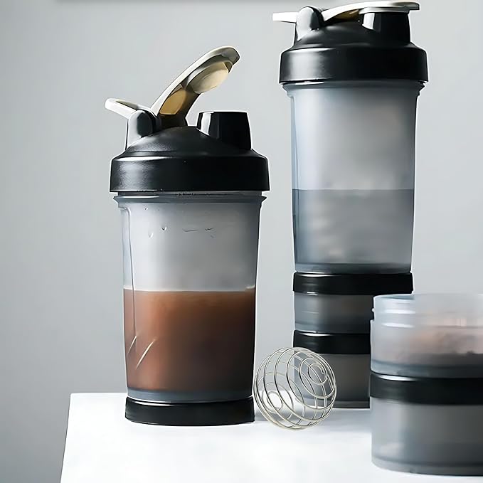 Protein Shaker Bottle with Storage Compartments | Pre-Workout, Protein, Supplements | 16.9 oz (500 ml) [Clear]