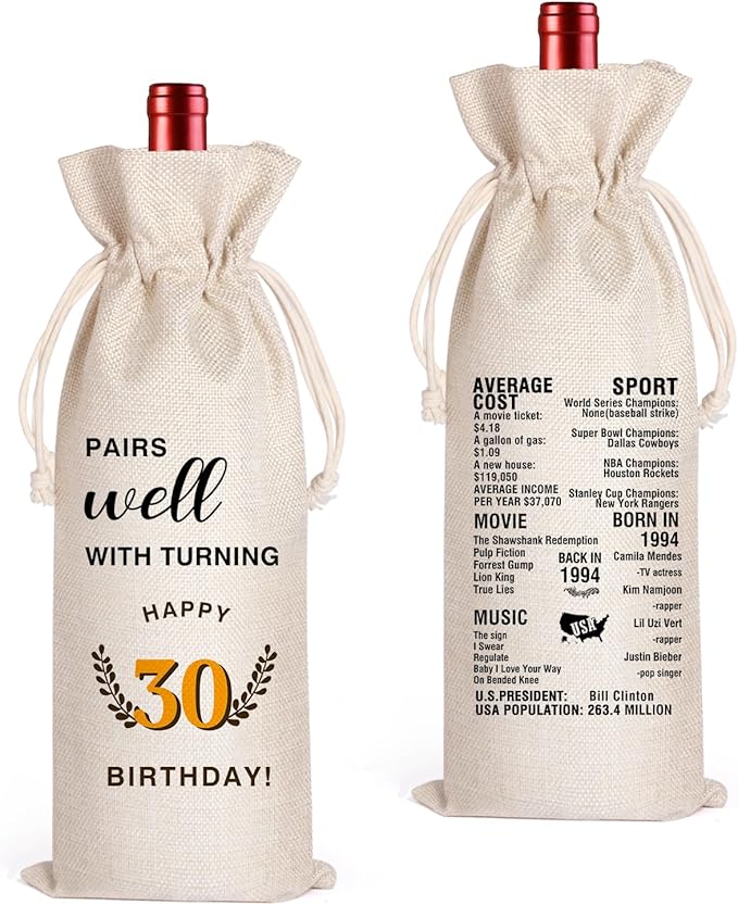 LANBAIHE 30th Birthday Gifts for Her,30th Birthday Gift for Women Men, 30 Years Old Birthday Gifts Wine Bag, 30th Birthday Decorations Party Supplies-1994 Birthday (30 BIRTHDAY)