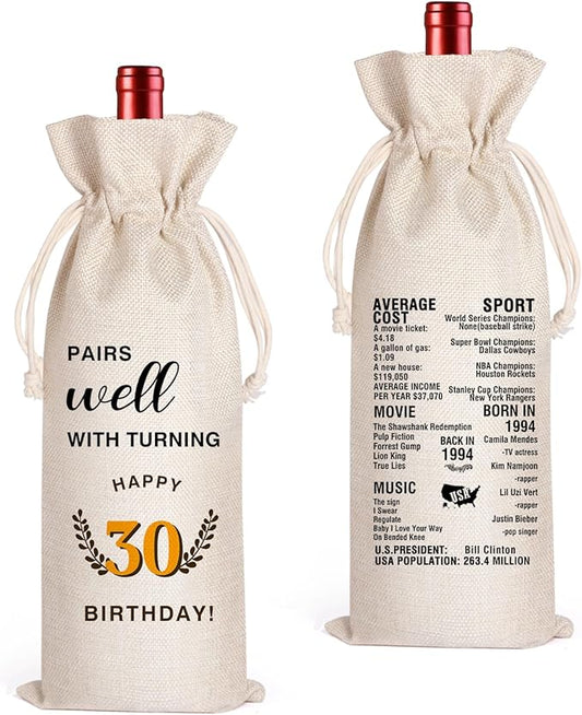 LANBAIHE 30th Birthday Gifts for Her,30th Birthday Gift for Women Men, 30 Years Old Birthday Gifts Wine Bag, 30th Birthday Decorations Party Supplies-1994 Birthday (30 BIRTHDAY)