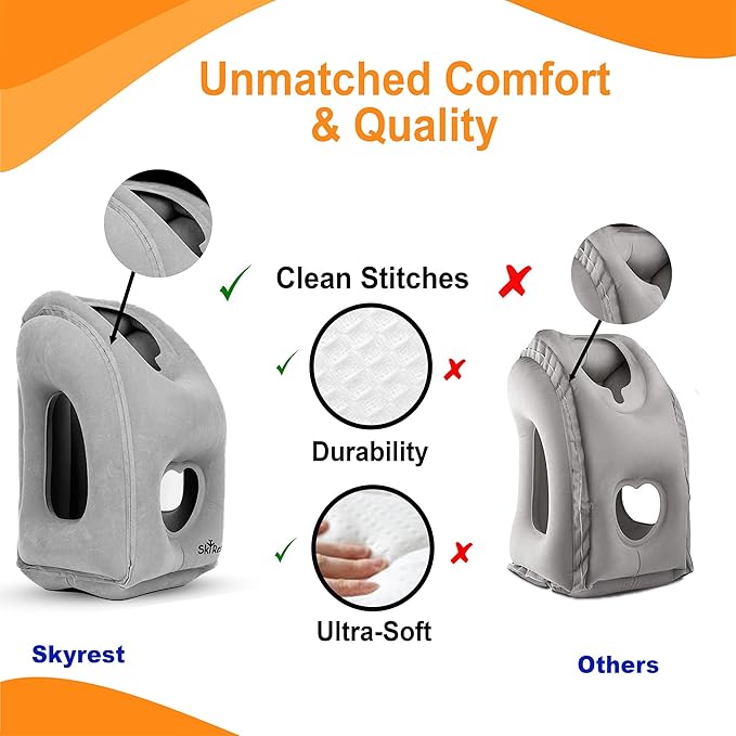 Inflatable Travel Pillow - Airplane Pillow for Neck Support on Long Flights, Buses, Cars, Office & Trains - Comes with Eye Mask, Earplugs & Portable Drawstring Bag - Grey