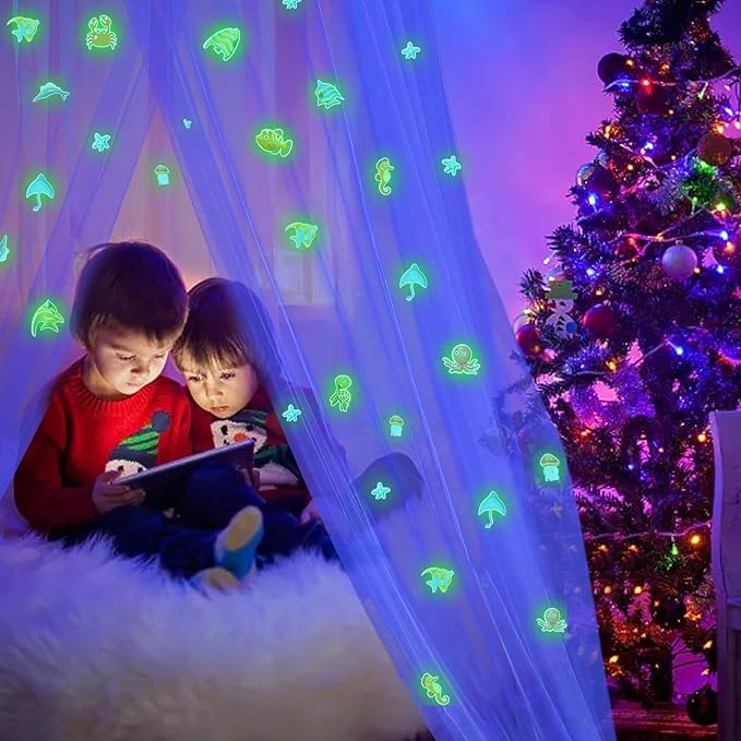 South to East Bed Canopy for Children with Glowing Marine Life, Blue Bed Curtains for Kids Bed & Toddler Bed, Twin, Full & Queen Bed, Mosquito Net Canopy for Boys Bedroom