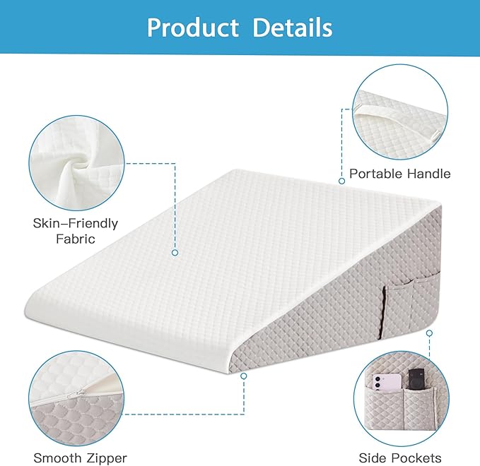 Wedge Pillow for Back Pain Relief, Bed Wedge Pillow for Sleeping, 24×24×10 Inch Memory Foam Anti Snore Pillow, Triangle Pillow Wedge for Sleeping Acid Reflux, Gerd, Elevated Pillow White/Grey