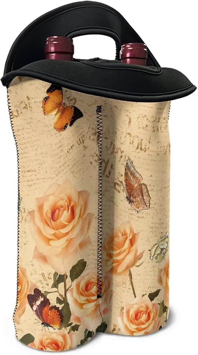 doginthehole 2 Bottle Neoprene Wine/Water Bottle Holder Vintage Yellow Rose Butterfly Print Wine Protective Case for Women Wine Lovers Portable Wine Carrier Tote Bag for Travel Picnic Dinner Wedding