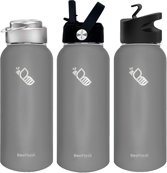 Sports Water Bottle - 32 Oz, 3 Lids (With straw), 50 Cute Stickers, Vacuum Insulated, 308 Stainless Steel, with a Portion of Sales Supporting Bee Conservation Efforts (Gray)