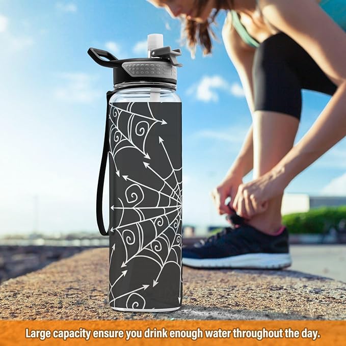 Water Bottle with Straw Spiderweb Halloween Sports Bottles BPA-Free Tritan Black Water Jug with Carrying Strap for Women Men Gym Outdoor Sports