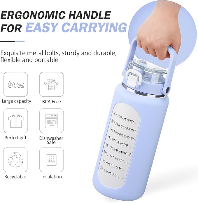 BLUEGO 64oz Insulated Water Bottle with Straw and Handle Leakproof Half Gallon Wide Mouth Motivational Water Bottle, 2-IN-1 Straw Spout Lid Stainless Steel Water Jug for Sport Travel Gym-Light Blue