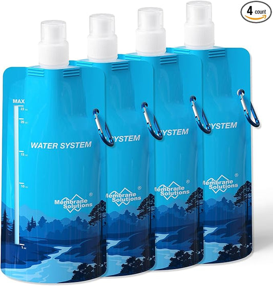 Membrane Solutions 23oz Collapsible Water Bottle for Water Filter Straw, Reusable Water Pouch with Carabiner and Measurement, Foldable Water Container Bag for Hiking Camping Travel Emergency