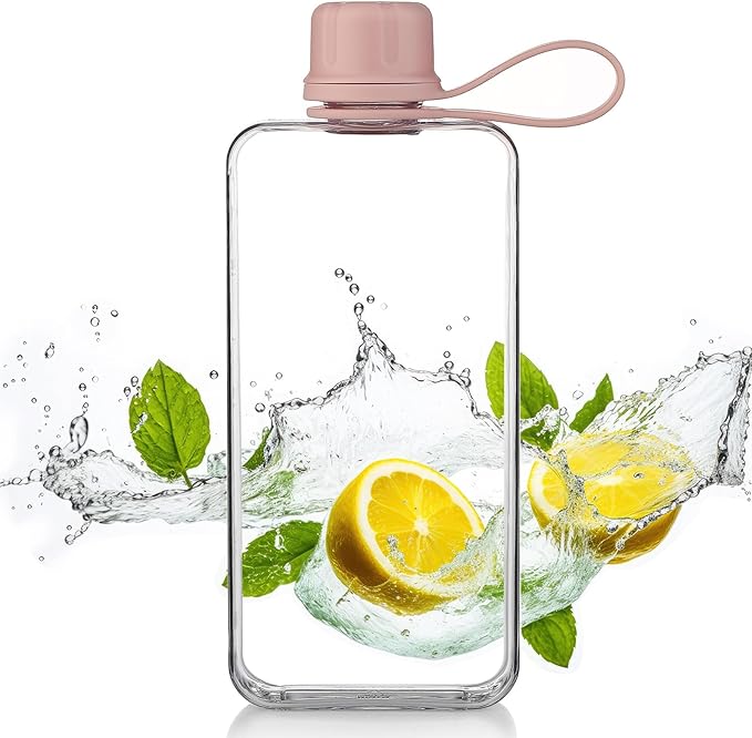 Tritan Transparent Flat Water Bottle samll Water Bottle Slim Square Pocket Bottle Water Flask, BPA Free/Slim Design/Leak Proof Water Bottle for Travel, Outdoor, Sports, Camping (Pink, 400ML)
