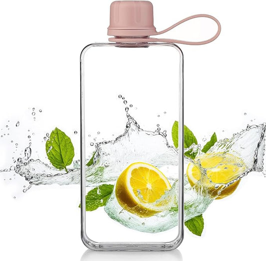 Tritan Transparent Flat Water Bottle samll Water Bottle Slim Square Pocket Bottle Water Flask, BPA Free/Slim Design/Leak Proof Water Bottle for Travel, Outdoor, Sports, Camping (Pink, 400ML)