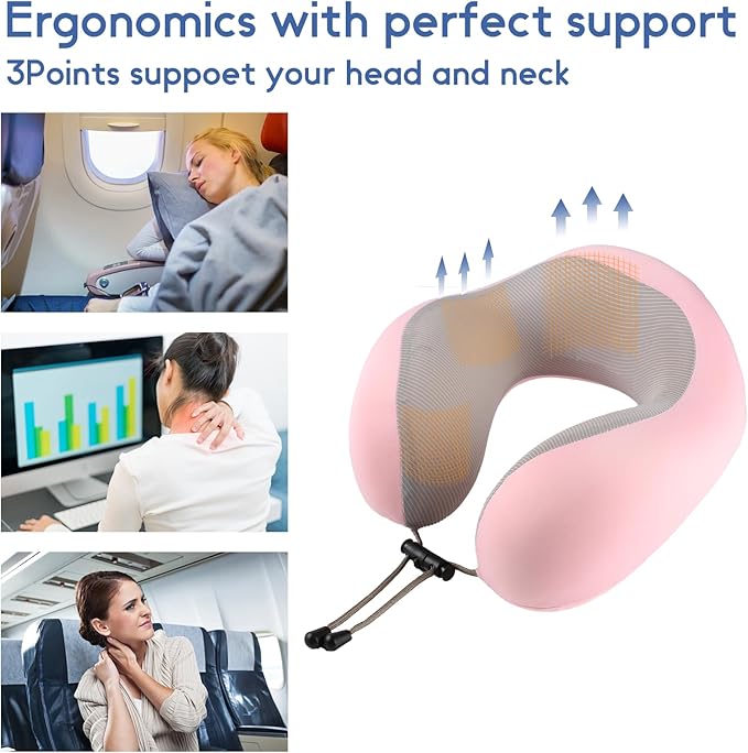 Travel Neck Pillow, Curved Ergonomic Design, Ice Silk Fabric is Comfortable and Breathable, The Pillowcase is Removable. Comes with Portable Storage Bag and Ear Plugs (Pink)