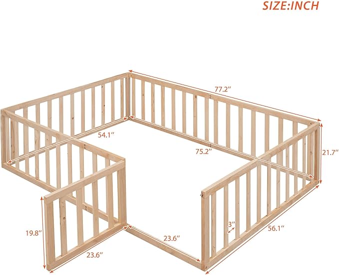 Full Size Floor Bedframe with Door and Safety Guardrails Fence, Solid Wooden Toddler Montessori Platform Bed for Children Bedroom, Boys Girls, Kids Playroom