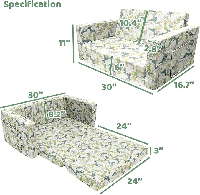 Kids Sofa, Children's Extra Wide Convertible Sofa to Lounger - Extra Soft 2 Seats 2 in 1 Flip Open Chair & Sleeper, Cute Dinosaur Print Toddler Chair Kids Couch for Kids Girls Boys
