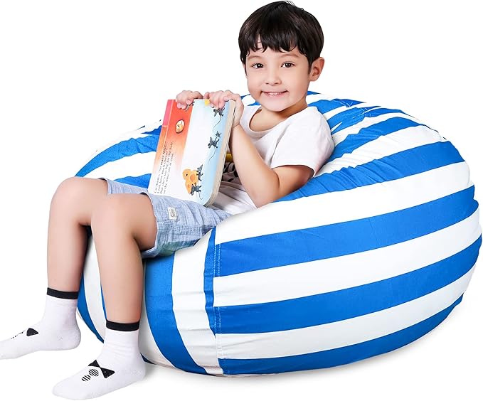 Lukeight Stuffed Animal Storage Bean Bag Chair Cover for Kids, Zipper Beanbag Chair Cover for Organizing Toddler and Kids' Rooms Plush Toys (Blue+White Velvet, X-Large)